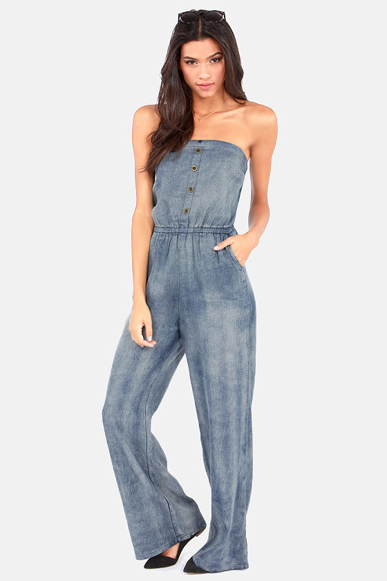 Strapless Jumpsuit - Denim Jumpsuit - Blue Jumpsuit - $45.00