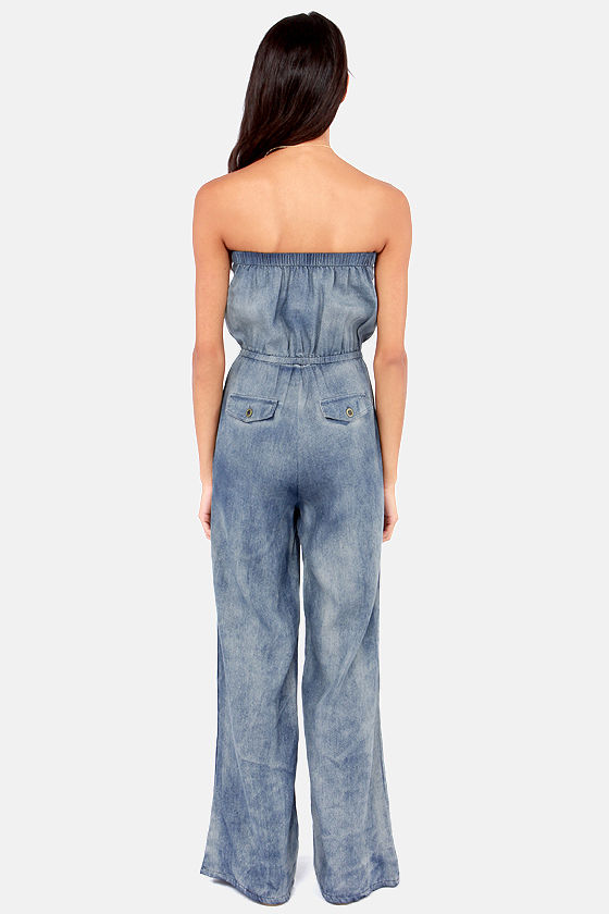 strapless denim jumpsuit