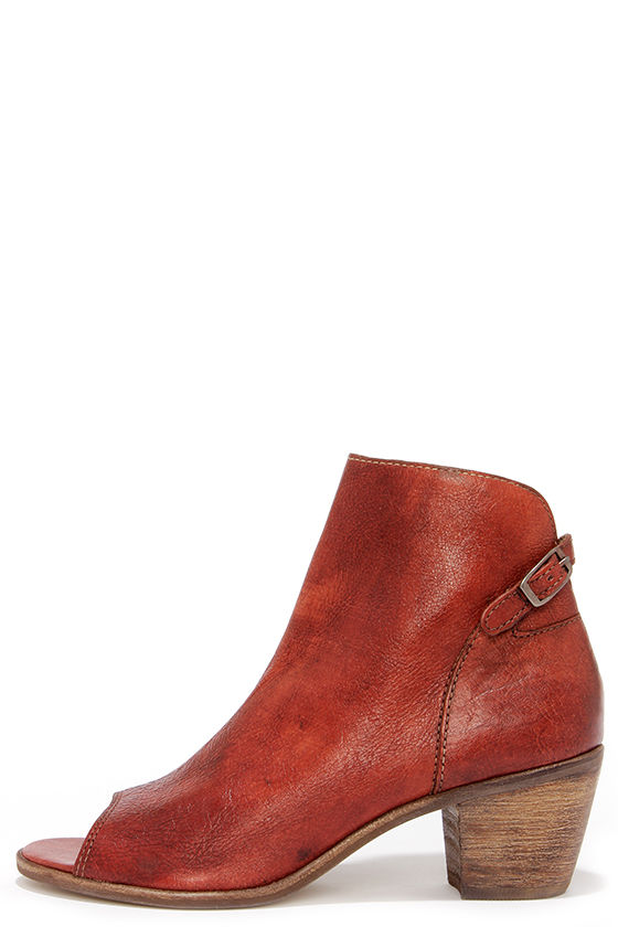 red leather peep toe booties