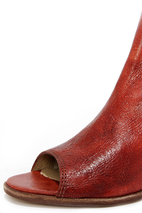 red leather peep toe booties