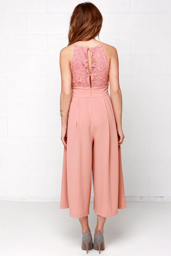 Chic Blush Pink Jumpsuit Midi Jumpsuit Lace Jumpsuit 117.00