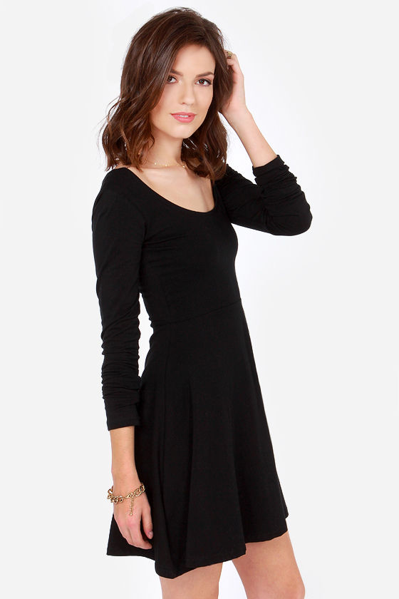 Cute Black Dress - Skater Dress - Long Sleeve Dress - $32.00