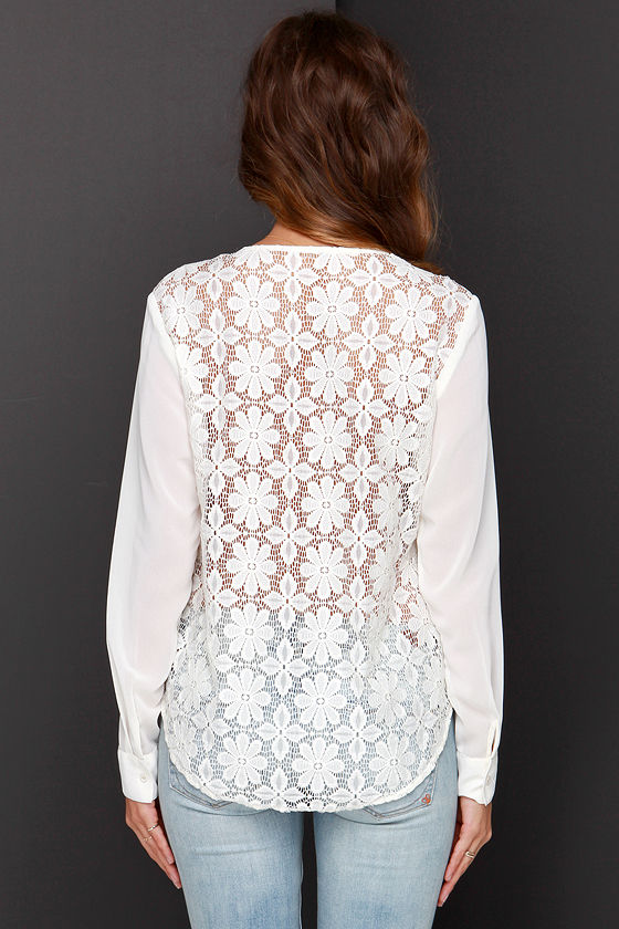 Lovely Ivory Top Surplice Top Long Sleeve Top Lace Blouse 44.00