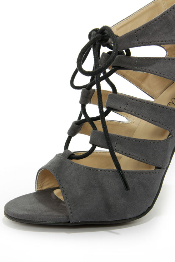 Cute Grey Shoes - Peep Toe Heels - Lace-Up Heels - $59.00