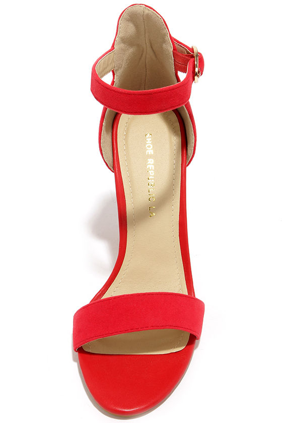 red ankle strap open toe heels