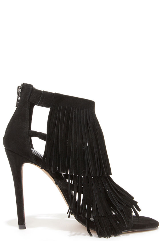 Cute Black Heels - Suede Heels - Dress Sandals - Fringe Heels - $129.00