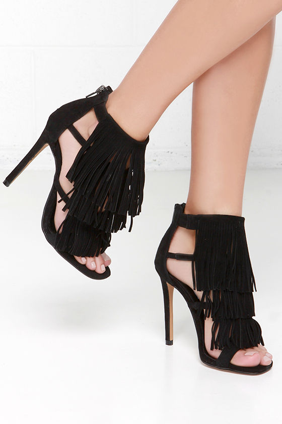 Cute Black Heels - Suede Heels - Dress Sandals - Fringe Heels - $129.00