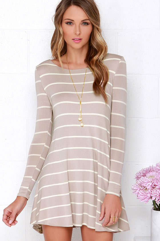 Cute Taupe Dress - Striped Dress - Swing Dress - Long Sleeve Dress - $44.00