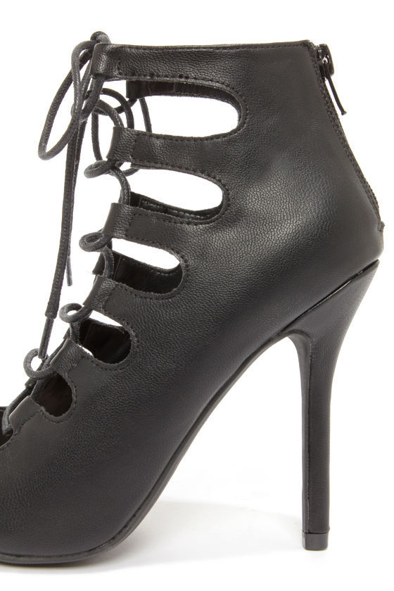 black lace up peep toe heels