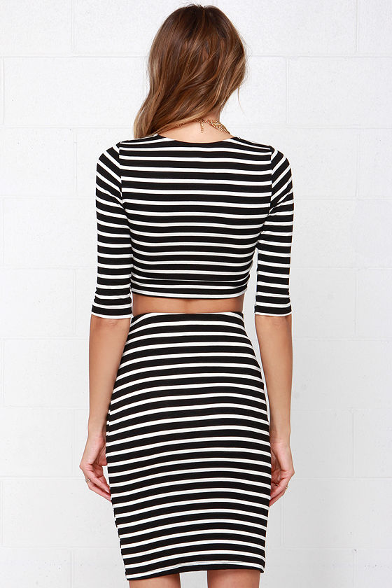 Chic Black and White Dress - Two-Piece Dress - Striped Dress - $44.00