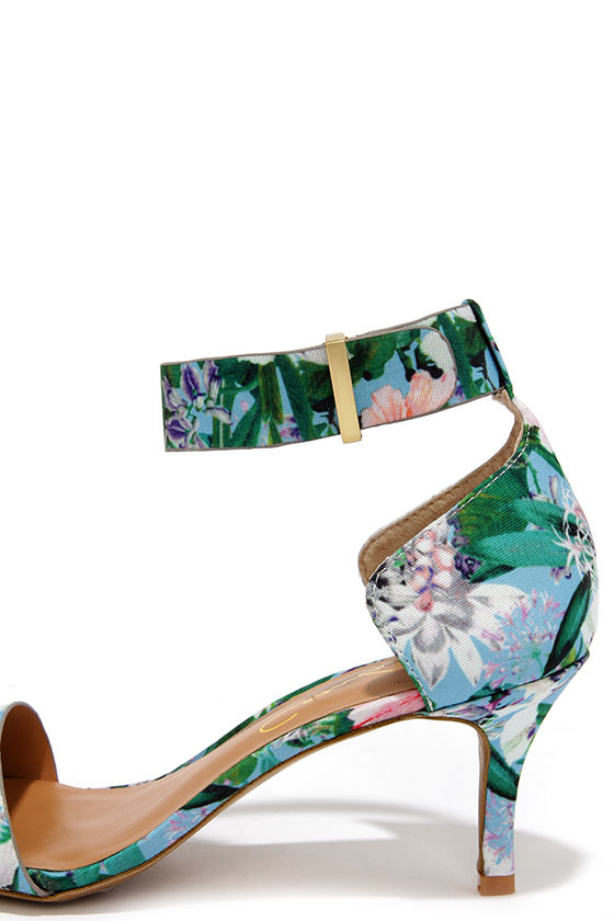 Pretty Blue Heels - Kitten Heels - Floral Print Heels - $85.00