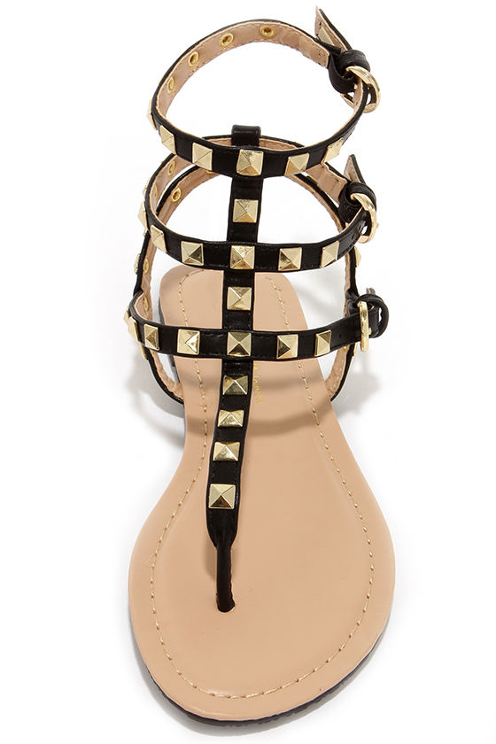 RHODES STUDDED THONG SANDAL IN BLACK CALFSKIN