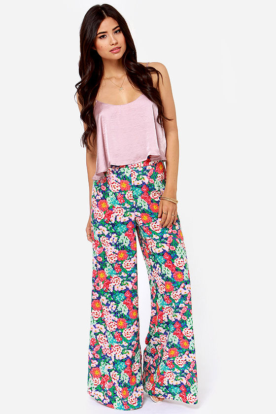 Lovely Floral Print Pants - High-Waisted Pants - Wide-Leg Pants - $61.00