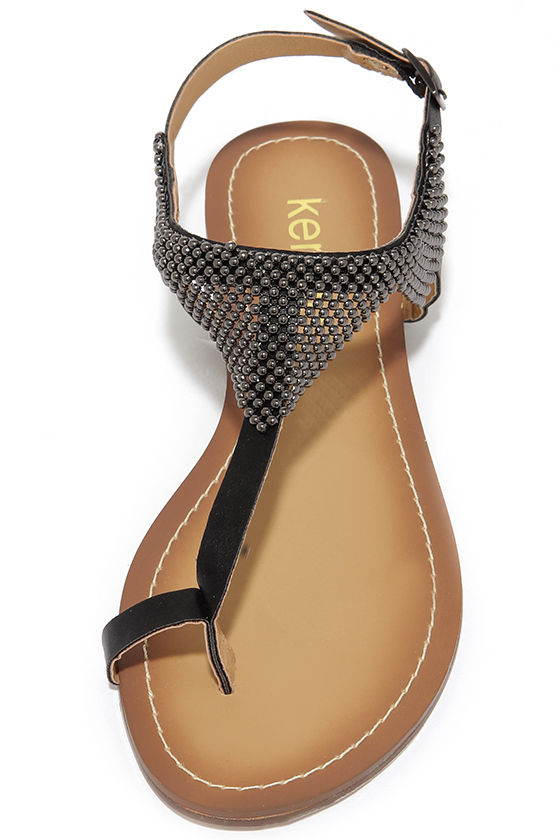 Cute Black Sandals Beaded Sandals Thong Sandals 61.00