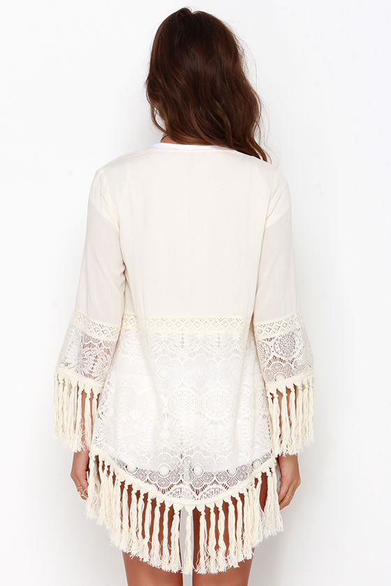 Lovely Cream Kimono Top Lace Kimono Fringe Kimono 48.00