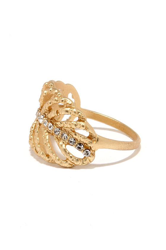 Pretty Gold Ring - Rhinestone Ring - Leaf Ring - $10.00