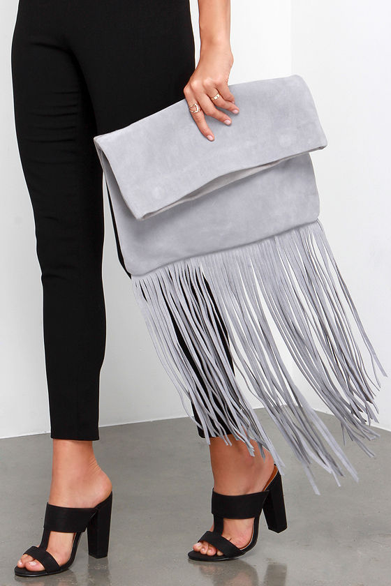 Grey Leather Purse Fringe Purse Suede Purse 77.00
