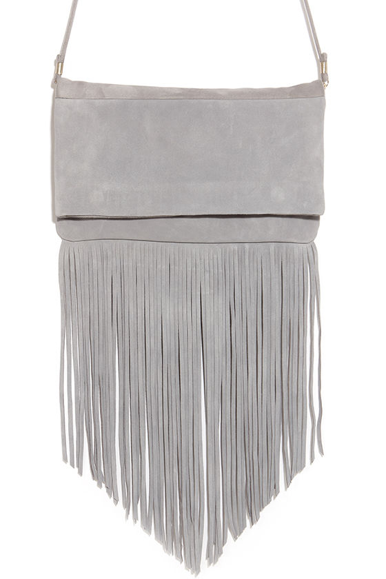 Grey Leather Purse Fringe Purse Suede Purse 77.00