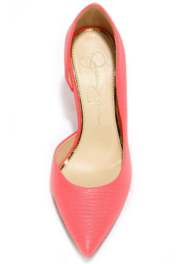Sexy Neon Coral Heels - Snakeskin Heels - D'Orsay Pumps - $81.00