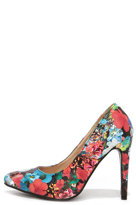 Chic Floral Print Pumps - Vegan Leather Heels - $30.00