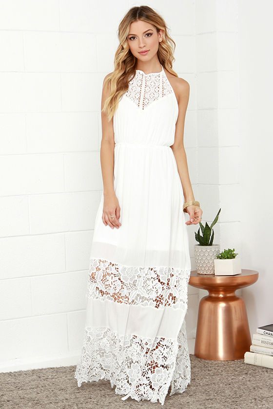 ivory dress maxi dress lace dress halter dress white dress