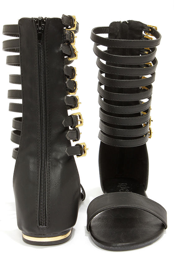 black caged gladiator sandals