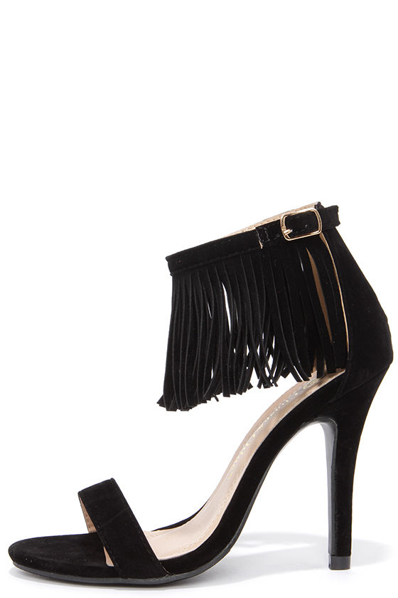 Cute Black Heels - Fringe Heels - Ankle Strap Heels - $31.00