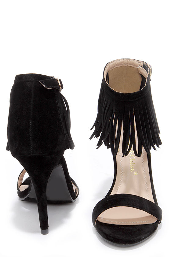 black high heels with fringe