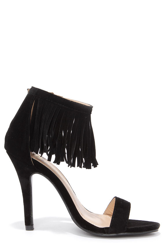 black high heels with fringe