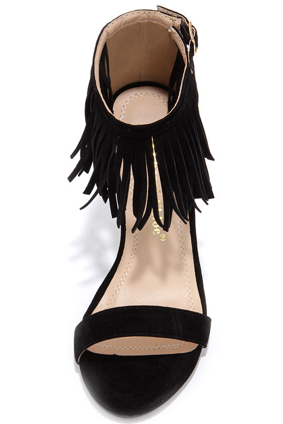 black high heels with fringe
