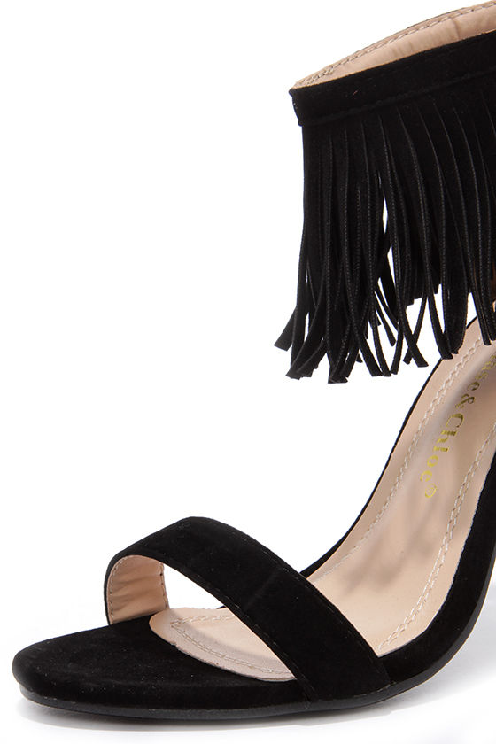 black high heels with fringe