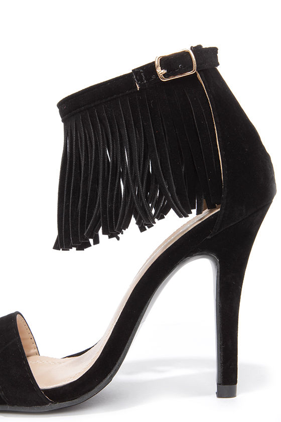 black high heels with fringe