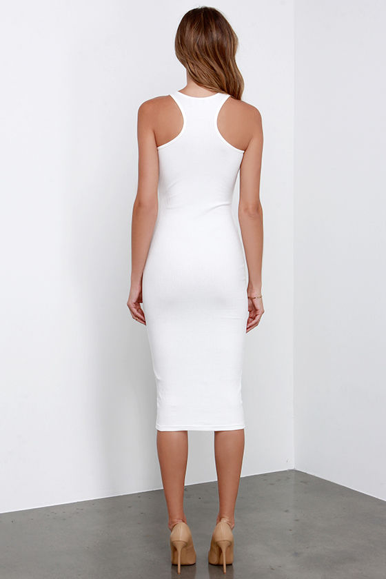 Cute Ivory Midi Dress Ribbed Midi Bodycon Midi 35.00