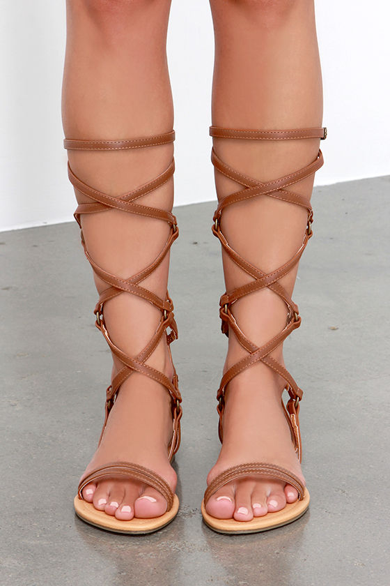 Cute Tan Sandals - Tall Gladiator Sandals - Brown Sandals - $32.00