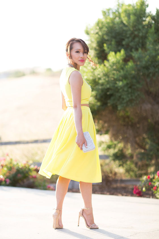Yellow TwoPiece Dress Pleated Dress Yellow Matching Set 84.00