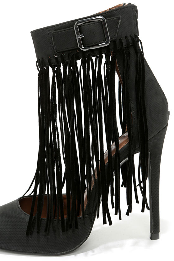 black fringe heels