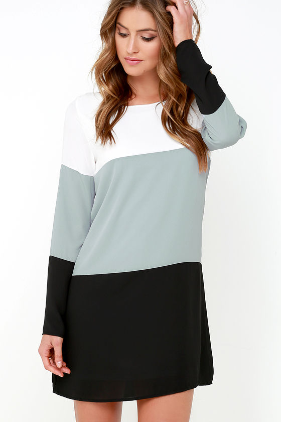 Cute Grey and Black Dress - Shift Dress - Long Sleeve Dress - $40.00