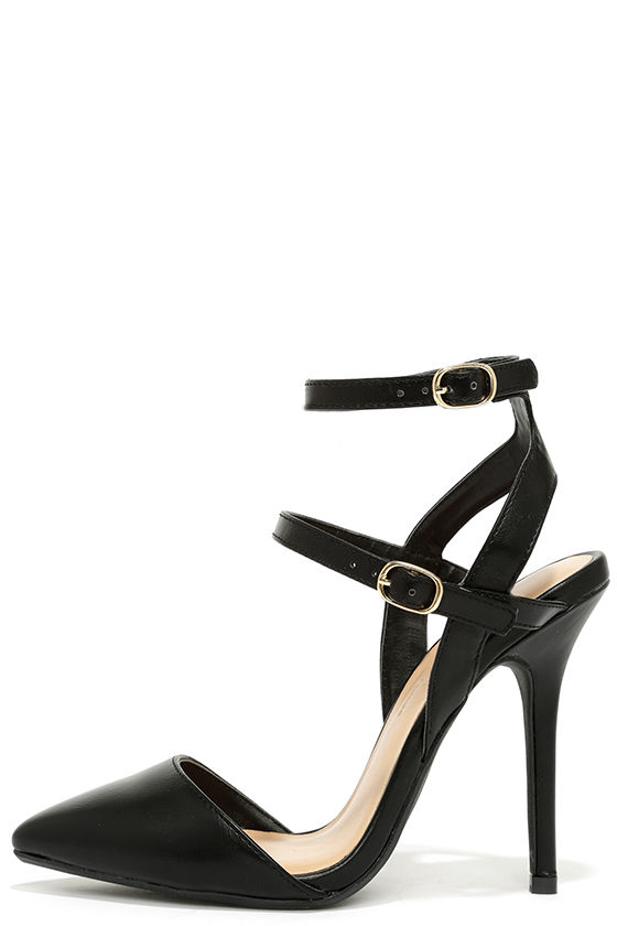 black leather pumps with ankle strap