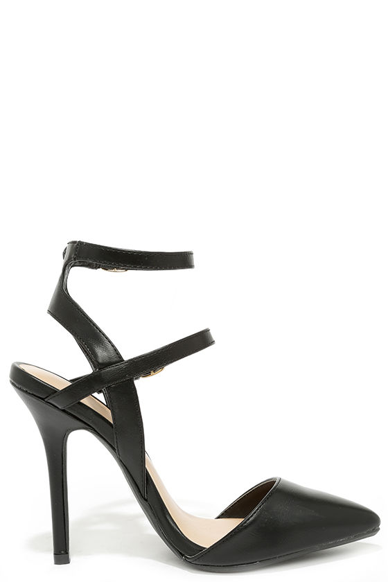 black leather pumps with ankle strap