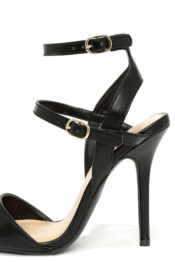 black leather pumps with ankle strap