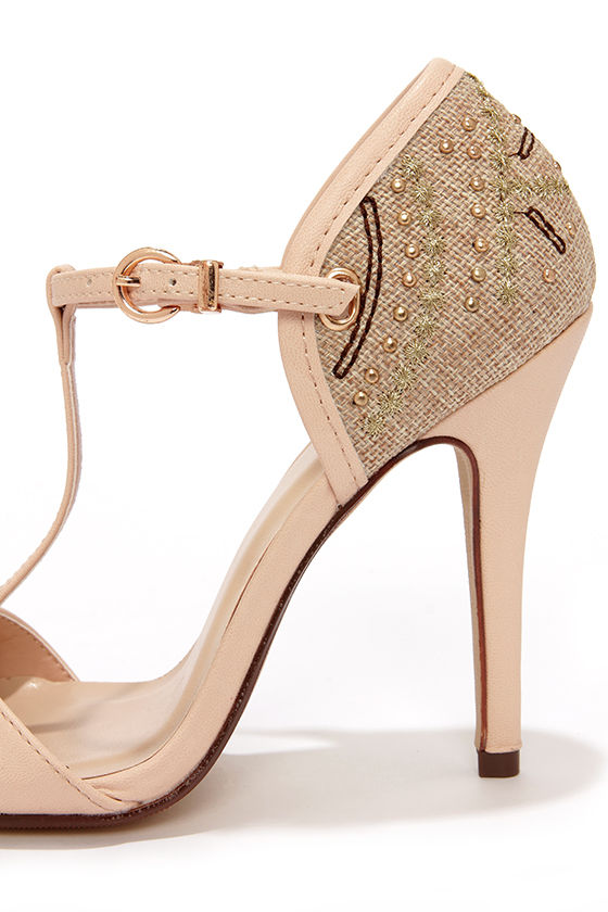 Pretty Blush Heels Embroidered Heels T Strap Heels 27.00