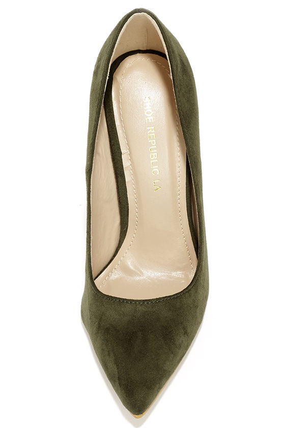 Cute Olive Green Pumps Suede Pumps Pointed Pumps 34.00