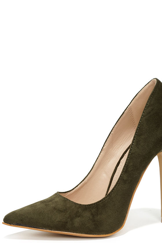 Cute Olive Green Pumps Suede Pumps Pointed Pumps 34.00
