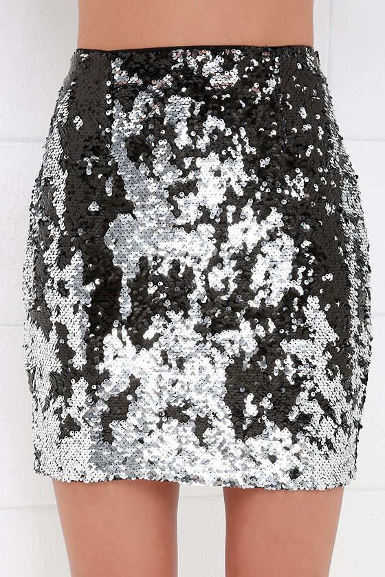 Lovely Silver and Black Skirt Sequin Skirt Mini Skirt 38.00
