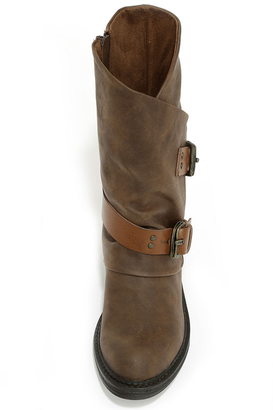 brown mid calf biker boots