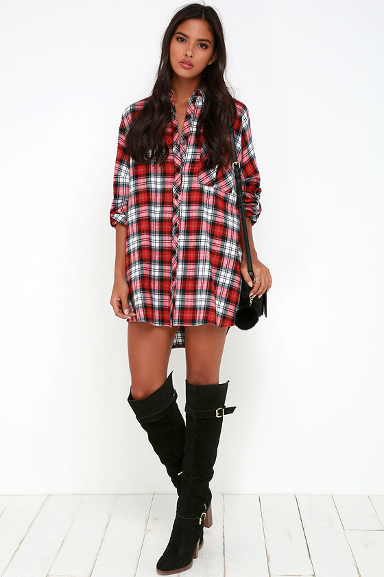 Pacific Forest Red Plaid Shirt Dress