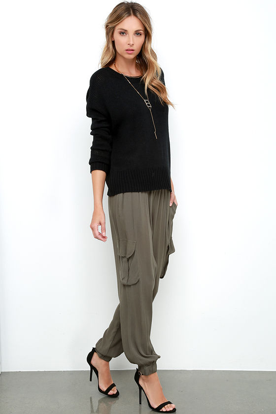 black top olive green pants
