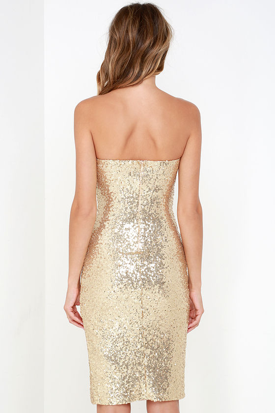 Sexy Gold Sequin Dress - Strapless Dress - Midi Dress - $65.00