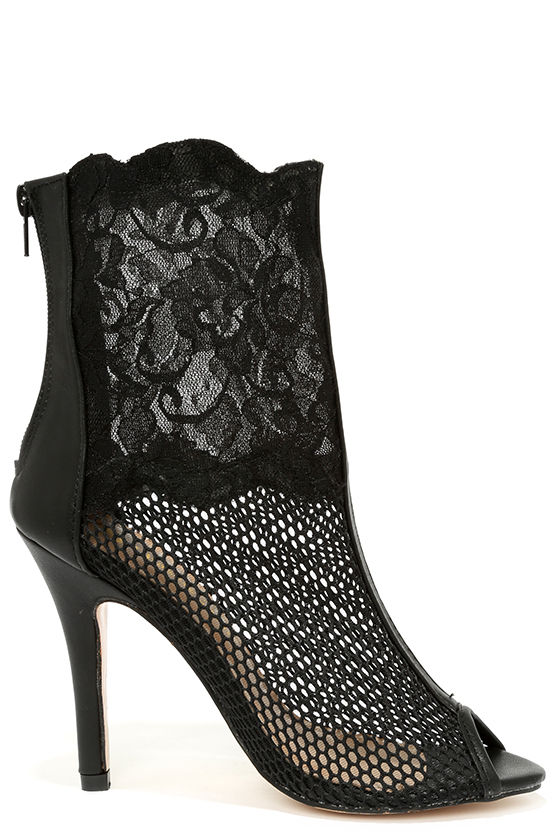 Sexy Black Heels - Lace Booties - Mesh Heels - Peep Toe Heels - $36.00