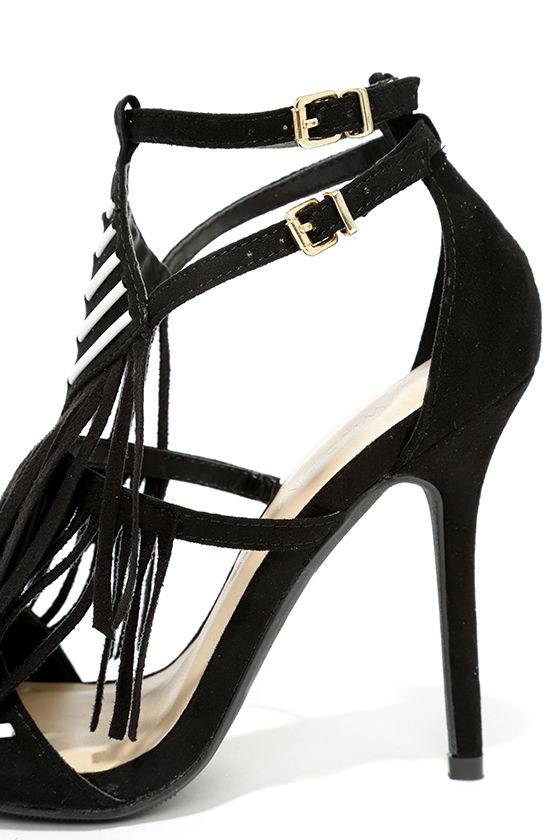 black high heels with fringe